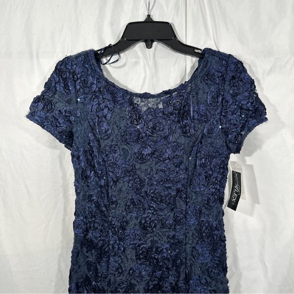 NWT $259 ALEX‎ EVENINGS [ 6 ] Embellished Lace Rosette A-Line Gown in Navy Blue - Picture 8 of 14